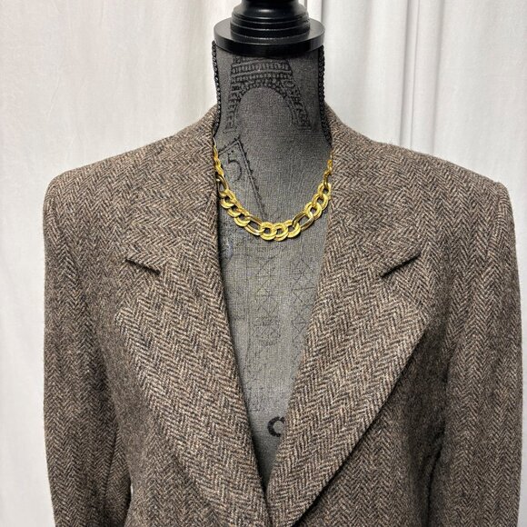 Harris Tweed Brown Herringbone Wool Blazer Womens Size 14 Vintage - Picture 2 of 12